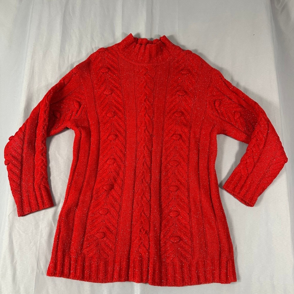 St John Sportswear Marie Gray Red‎ Metallic Cable Knit Mock Neck Sweater Medium